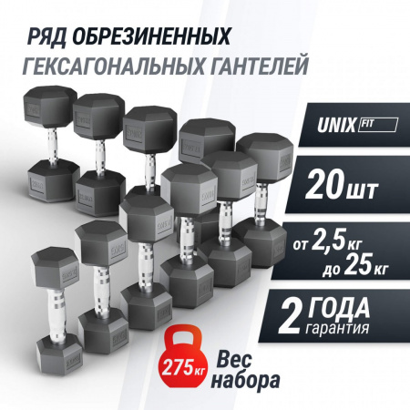 Ряд гантелей гексагональных Unix Fit обрезиненные от 2,5 до 25 кг от магазина Perfect Trainers
