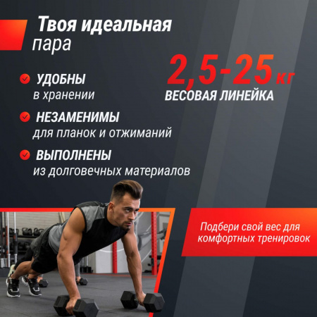 Ряд гантелей гексагональных Unix Fit обрезиненные от 2,5 до 25 кг от магазина Perfect Trainers